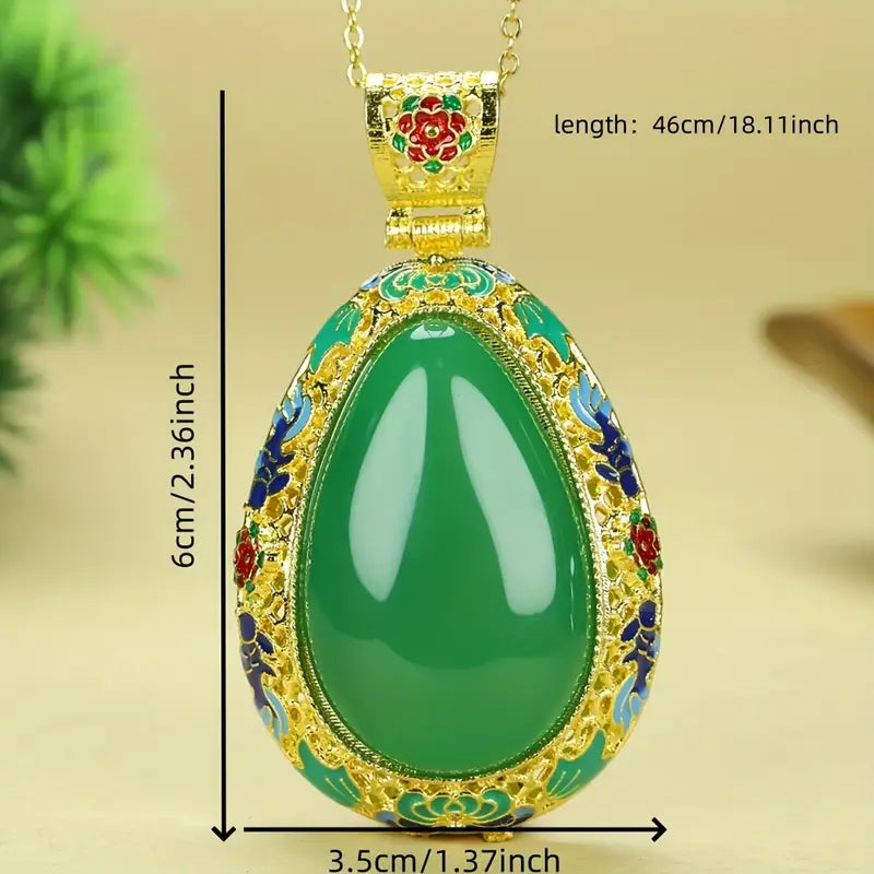 Boho Agate  Oval Apple Green Malachite Inlaid Pendant
