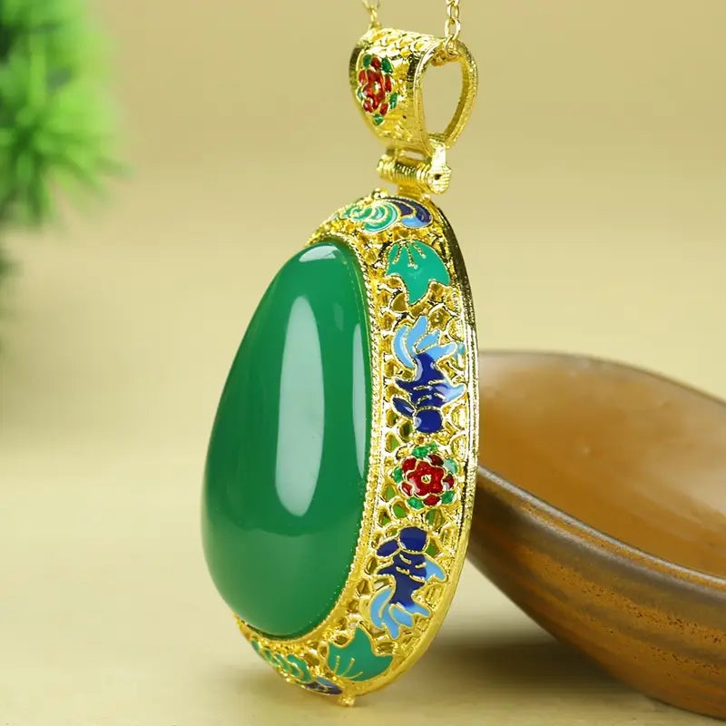 Boho Agate  Oval Apple Green Malachite Inlaid Pendant