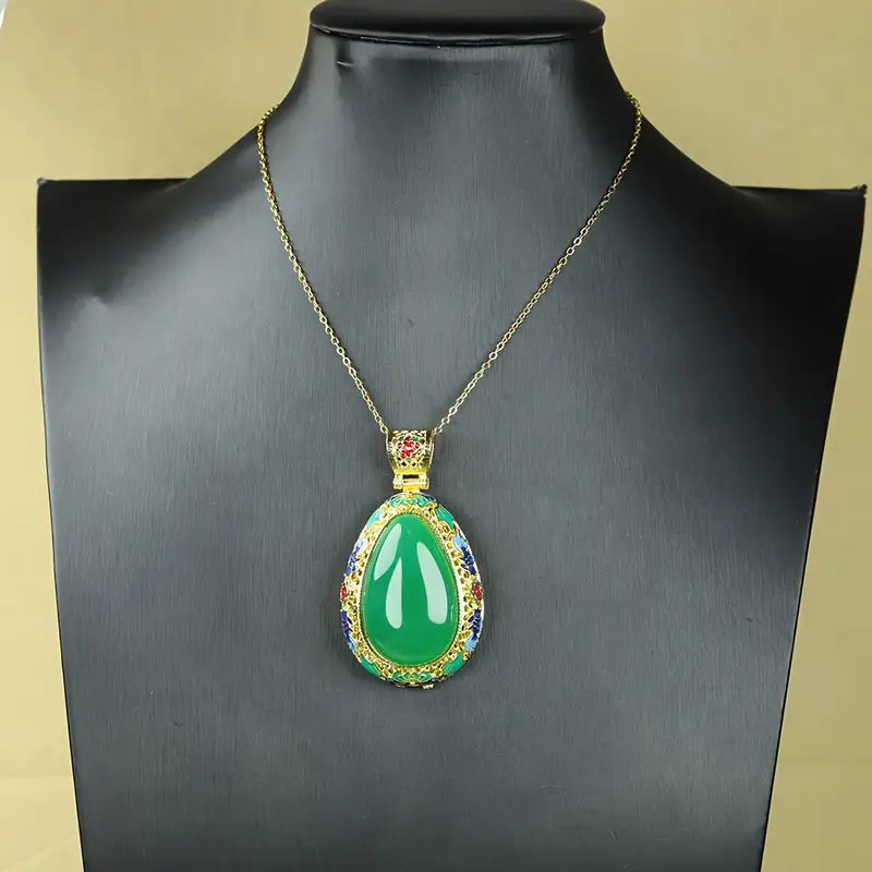 Boho Agate  Oval Apple Green Malachite Inlaid Pendant