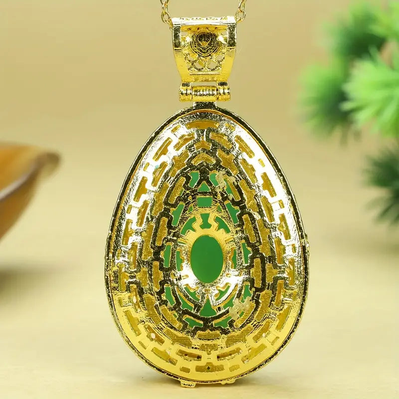 Boho Agate  Oval Apple Green Malachite Inlaid Pendant