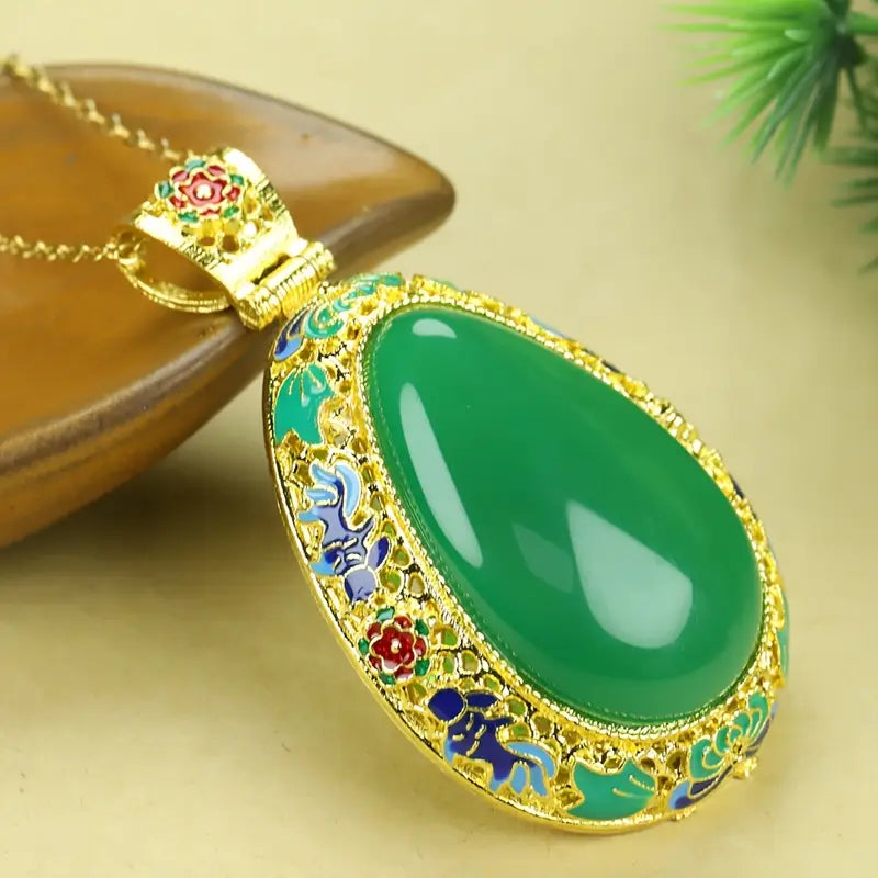 Boho Agate  Oval Apple Green Malachite Inlaid Pendant