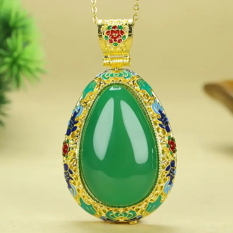Boho Agate  Oval Apple Green Malachite Inlaid Pendant