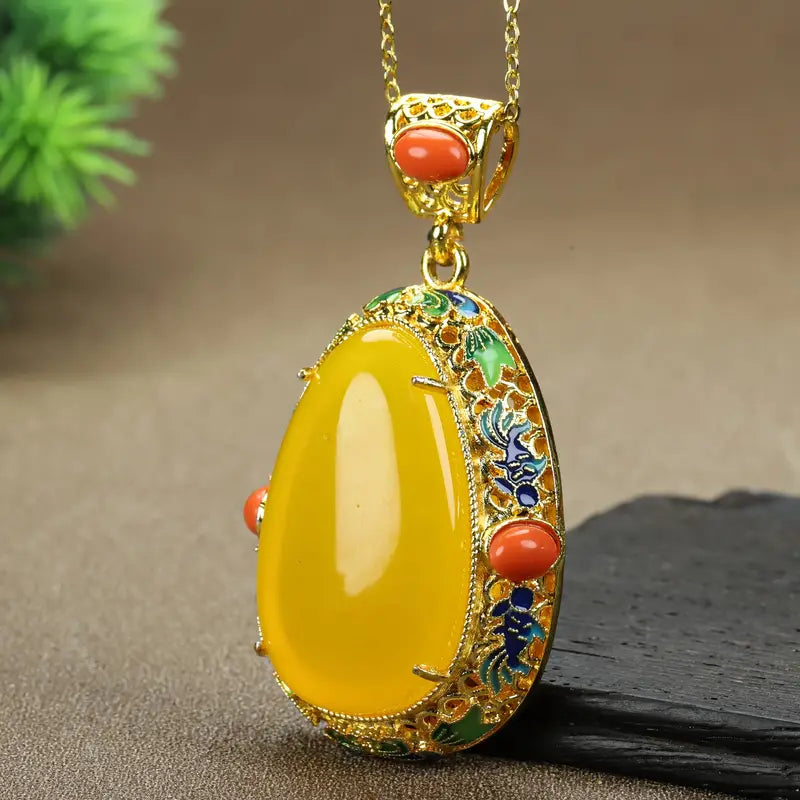 Ziquexsite Royal Blue & Golden Antique-Inspired Amber Teardrop Pendant