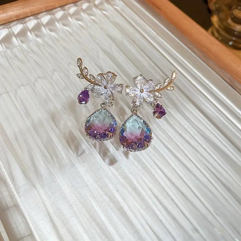 Flower &amp; Teardrop Shape Zirconia Drop Dangle Earrings Zhejiang,China