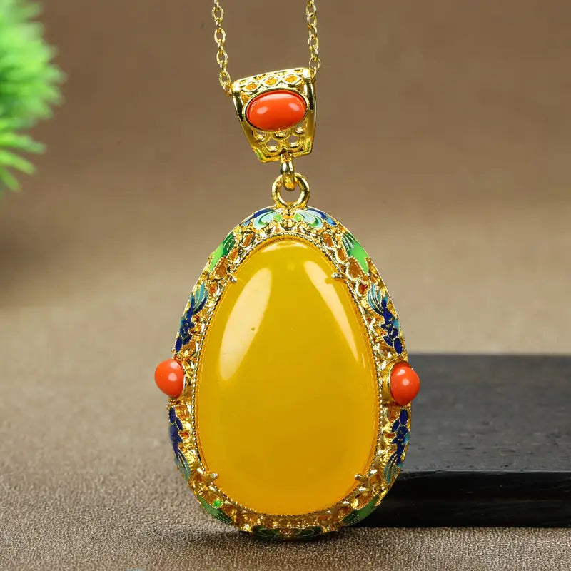 Ziquexsite Royal Blue & Golden Antique-Inspired Amber Teardrop Pendant