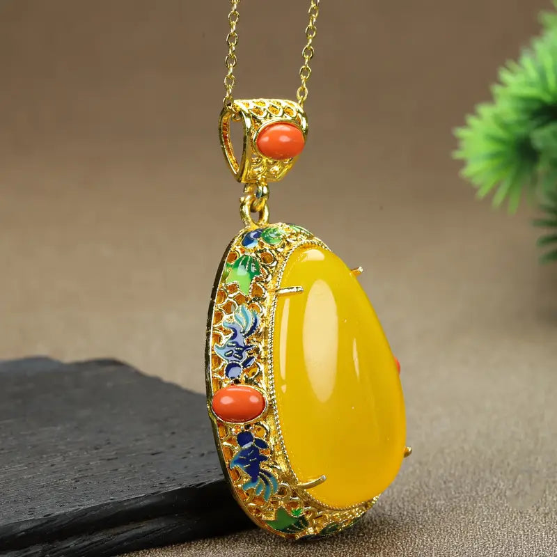 Ziquexsite Royal Blue & Golden Antique-Inspired Amber Teardrop Pendant
