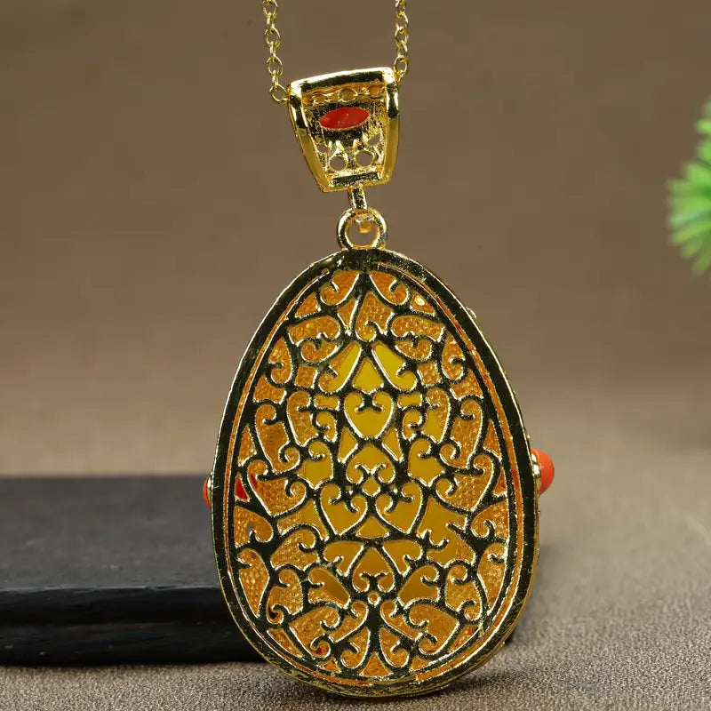 Ziquexsite Royal Blue & Golden Antique-Inspired Amber Teardrop Pendant